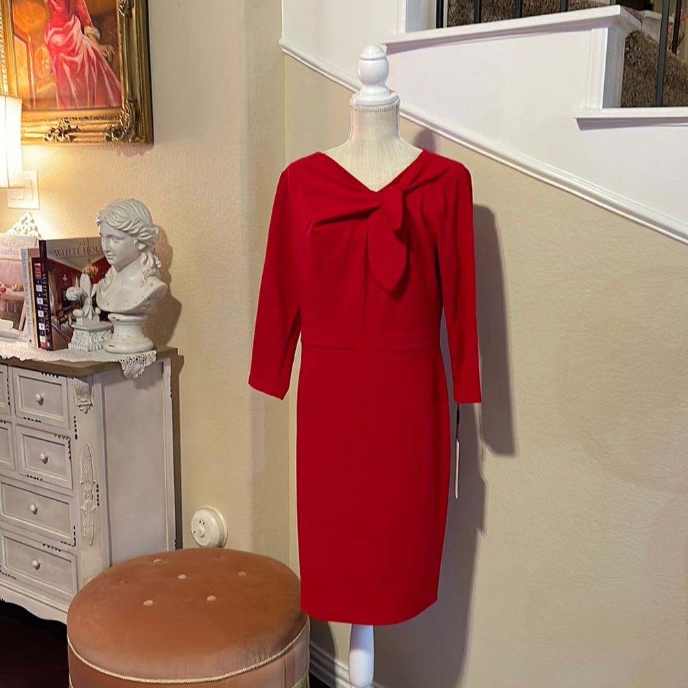 Red Calvin Klein 3/4 sleeve, midi asymmetrical bow neck sheath dress, size 16